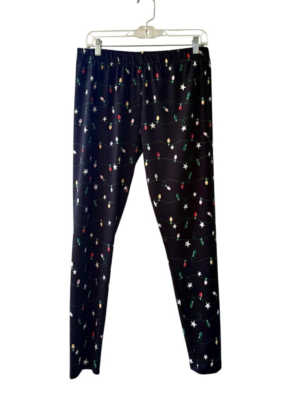 Christmas Leggings Womens L Black String Lights Stars Holiday Hybrid Apparel